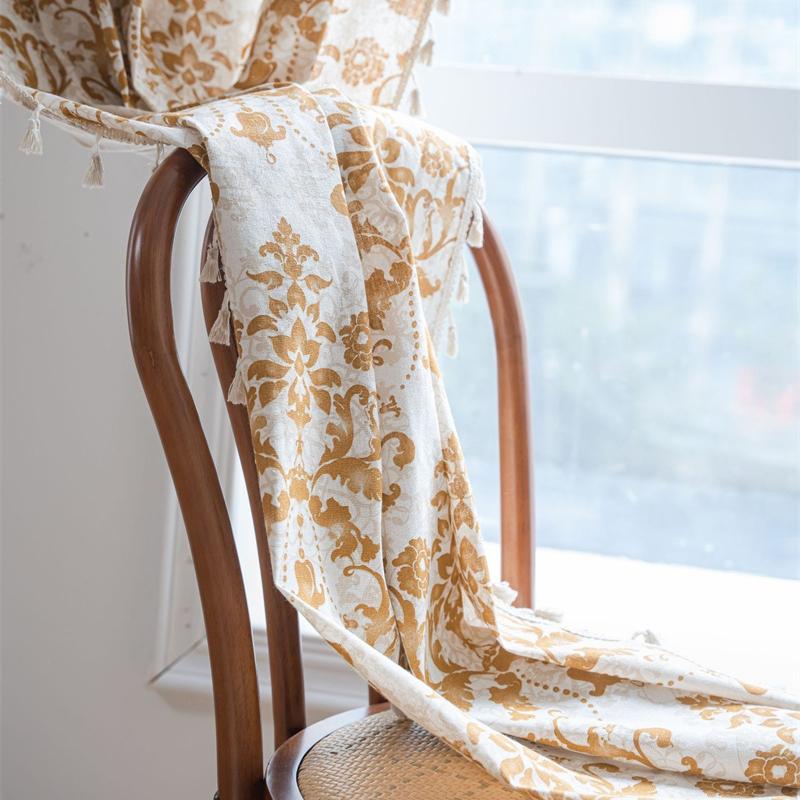 Mustard Damask Printed Curtains - Khaki European Floral Ready-Made Drapes with Tassel Trim | Semi-Sheer Kitchen Valance & Bay Window Light Filtering