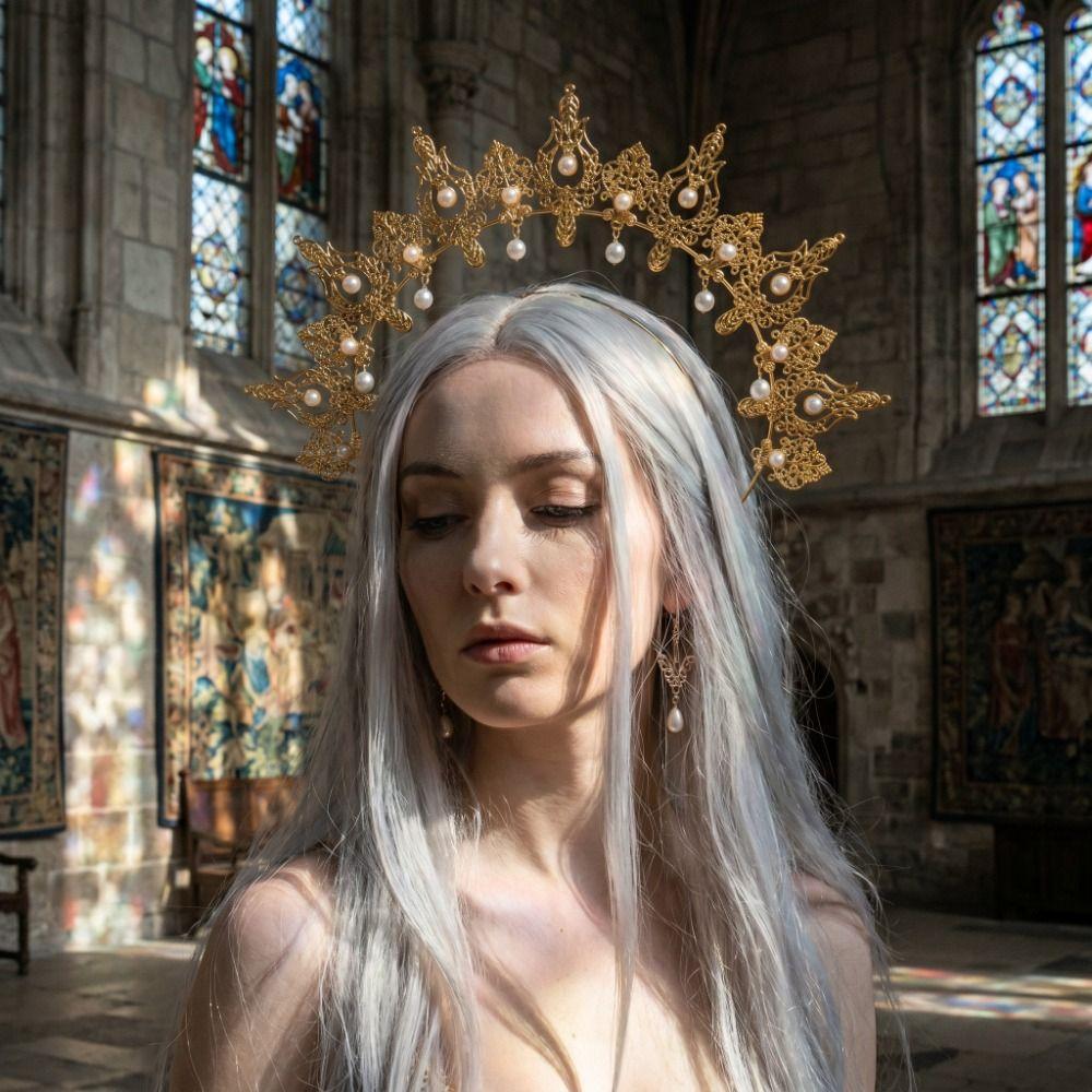 Baroque Halo Crown Gold Plated Baroque Tiara Headband Halloween Costume Artistic Photoshoot