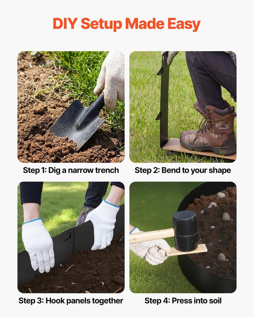 Galvanized Steel Landscape Edging, 6-Pack 1016 X 207 Mm Metal Edging for Landscaping with Gloves, Easy-to-Install, Heavy Duty Metal Garden Edge Border