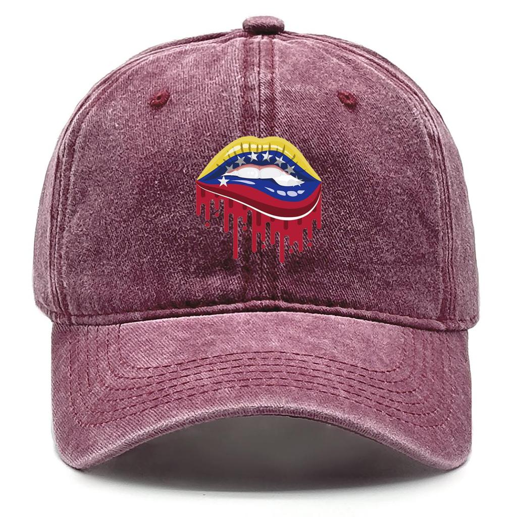 Venezuela Flag Lip Print Snapback Baseball Cap, Patriotic Sports Hat Raw Brim Sun Protection Cotton Leisure Snapback Baseball Hat