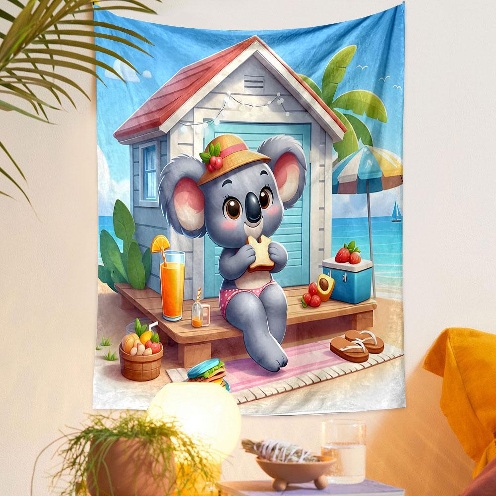 Beach Koala Enjoying a Picnic Patterned tapestry home decor, suitable for bedroom and living room, gift