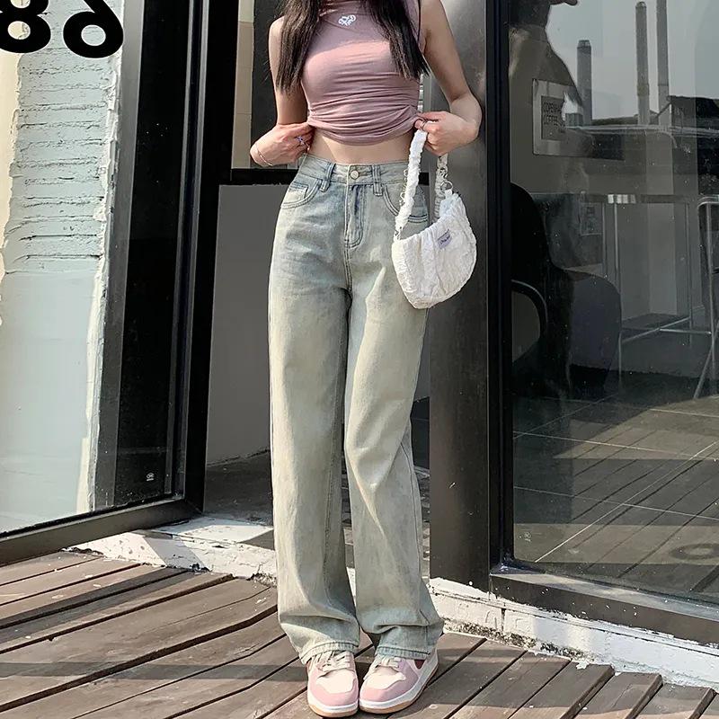 

Women s High Waist Retro Wide Leg Jeans - Versatile Floor Length, Straight Fit for Spring & Autumn M