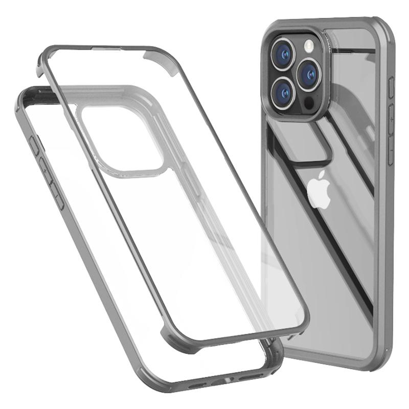 

For iPhone 15 Pro Protective Slim Case Double-Sided Tempered Glass+Silicone Frame Phone Case Light Grey