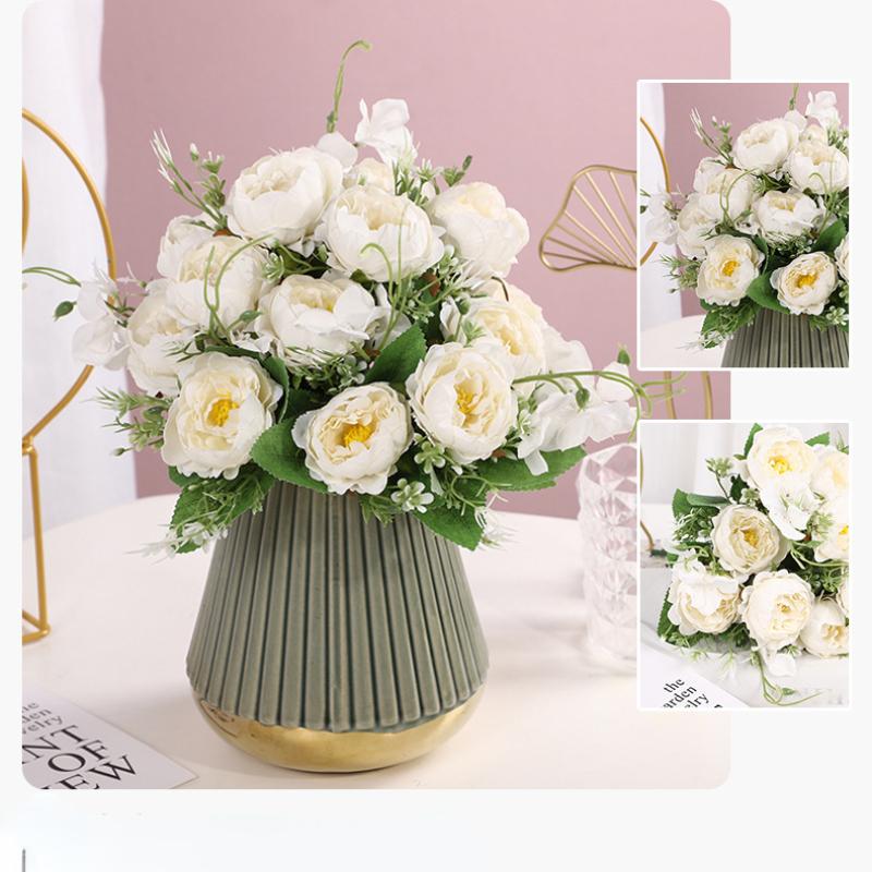 Green Aloes 2pcs Orange Horn Rose Peonies Bouquet Artificial Flowers Simulation Perfume Peony Silk Fake Flower Office Decoration
