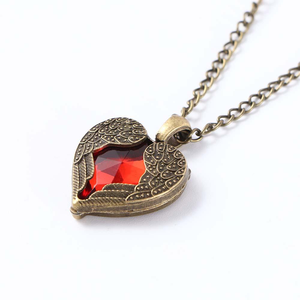 Retro Women Love Angel Wing Girls Red Crystal Pendant Peach Heart Necklace Jewelry