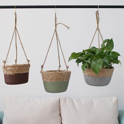 1 ADET Hasır Örgülü Asılı Sepet Çiçek Saksısı Rattan Örgülü Ürünler İç Mekan Dış Mekan Çiçek Saksısı Tutucu Ev Dekoru