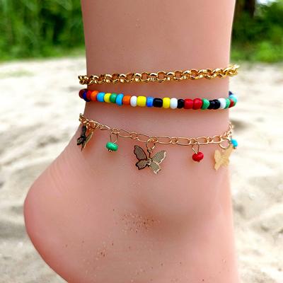 Colored Rice Bead Alloy Anklet Women, Butterfly Pendant, Beach Three-Layer Foot Decoration, Jewelry