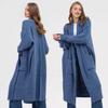 Women Sweater Cardigan Ribbed Trim V Neck Long Sleeve Solid Color Open Front Knitted Coat Mid Length