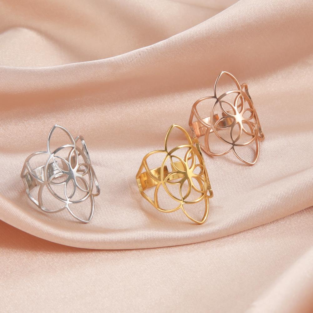 Dawapara Flower of Life Talisman Resizable Finger Rings for Men Women Hollow Adjustable Ring Stainless Steel Jewelry