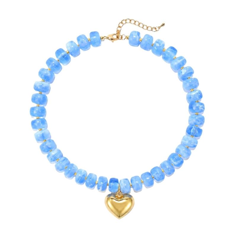 Adjustable Beaded Pendant Necklace with Rounded Resin Beads, Heart-Shaped Center Pendant, Extension Chain, and Lobster Clasp