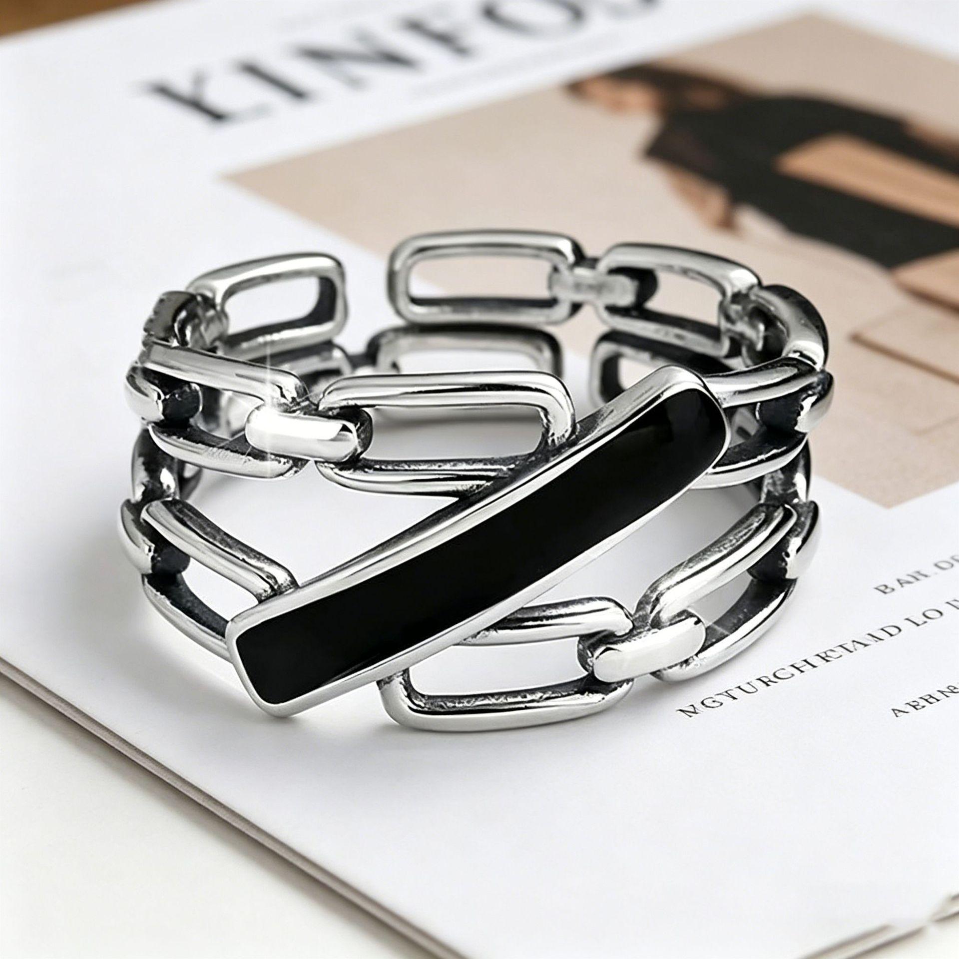 Yanbai European-American Hollow Chain Enamel Ring: Simple, Irregular, and Personalized Design Size 7