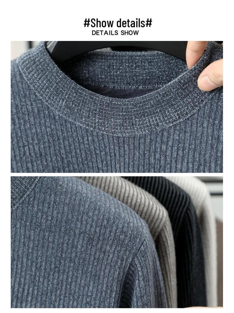2025 Winter Men's Plus Velvet Round Neck Sweater: Casual, Simple, Warm Knitwear for Middle-Aged Comfort