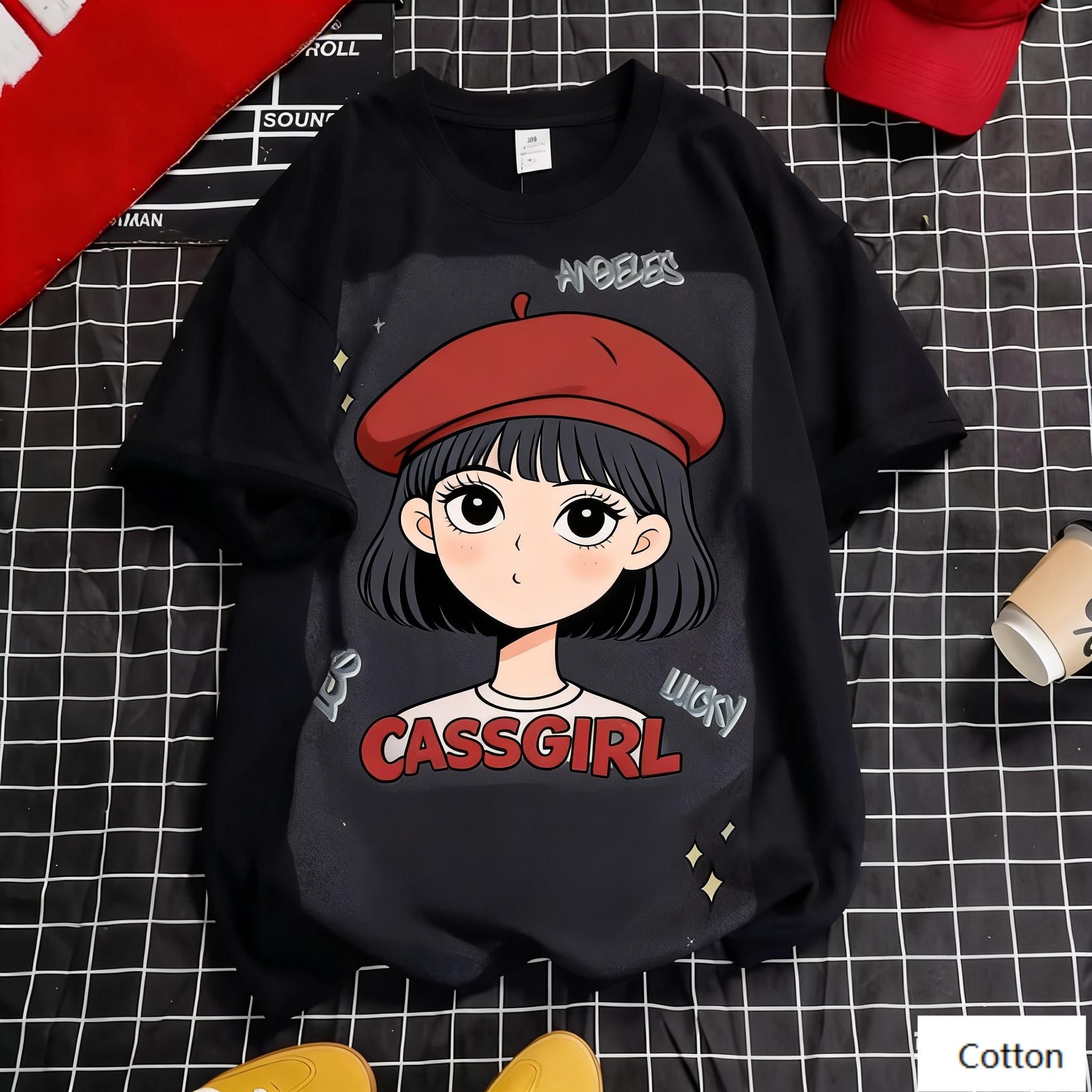 

Cute Edgy Anime Girl with Red Beret Graphic TShirt CASSGIRL Print Pure Cotton Tee Retro Streetwear Style Unisex Top M