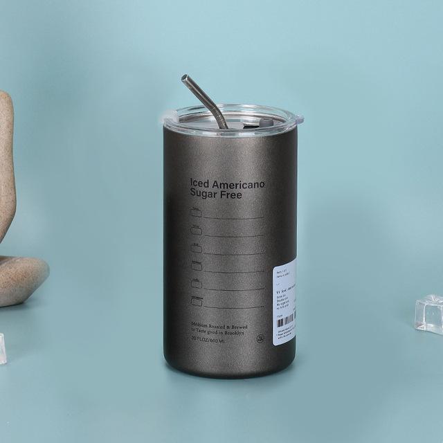 Кофейная чашка-термос Бутылка для воды из нержавеющей стали с соломинкой 600 мл ледяная американская кофейная кружка термос двухслойная чашка Caneca 600ml серый