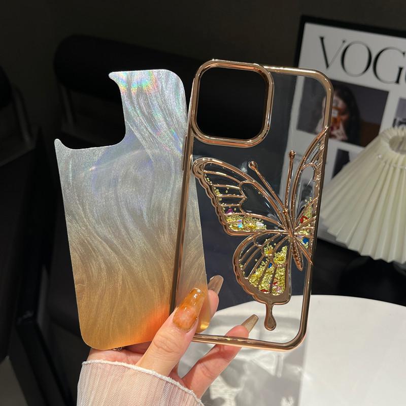 Płynny piasek Trójwymiarowy motyl Pasuje do etui na telefon komórkowy IPhone16proMax Elektroplaterowane pióro Piaskowy gradient Etui ochronne Apple 15
