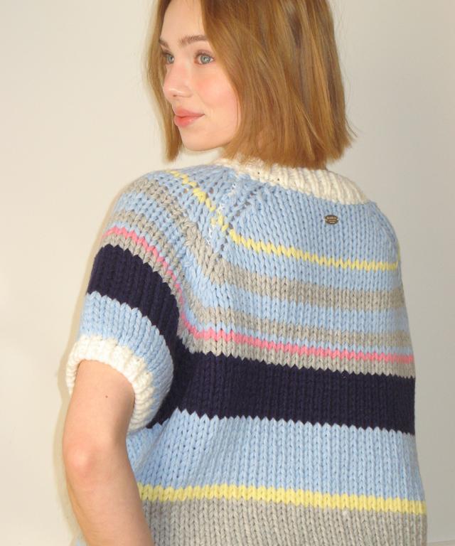 RONRON Multi Stripe Short Sleeve Knit Soft Blue
