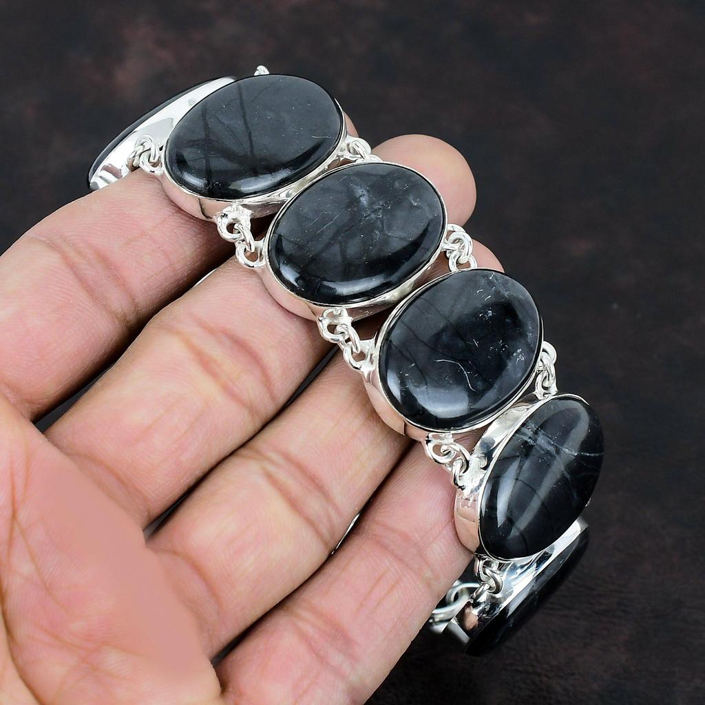 Pulseira Picasso Jasper Gemstone Jóias Artesanais Pulseira Estilo Único Pulseira Prata Esterlina 925 Pulseira de Corrente Ajustável Presentes Para Ele