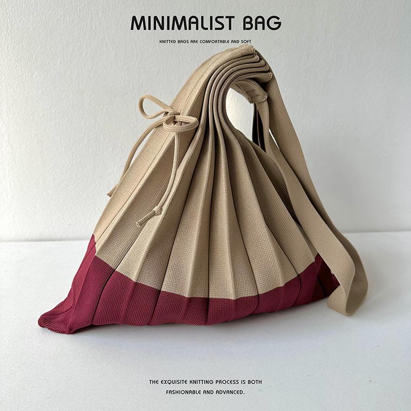 New Knitted Pleats Tote Bag Designer Chic Stitching Contrast Korean Retro Fashion Women Shoulder Shopper Handbag Foldable