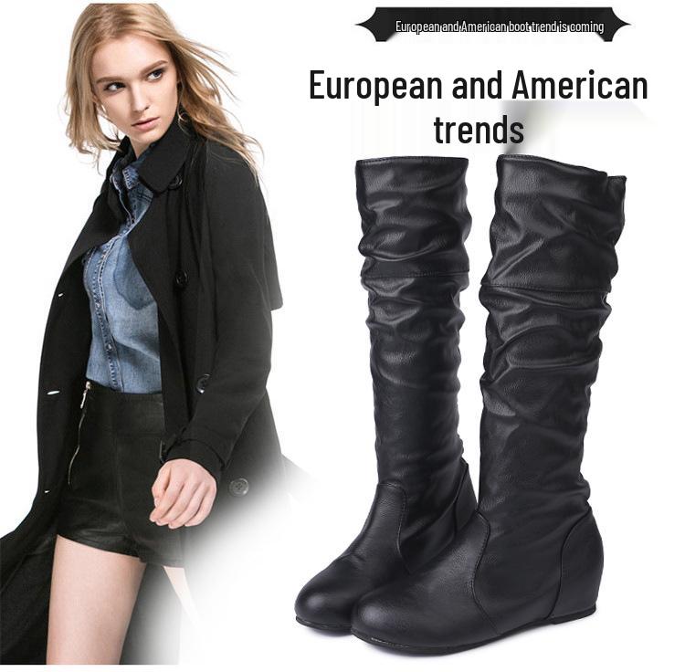 Plus Size 2020 Women's Long Leather Boots - Solid Color, Pleated, High-top, European Style