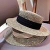 2025Women's Summer Straw Hat - British-style Flat Top Raffia Sun Hat with Openwork Design for Beach & UV Protection