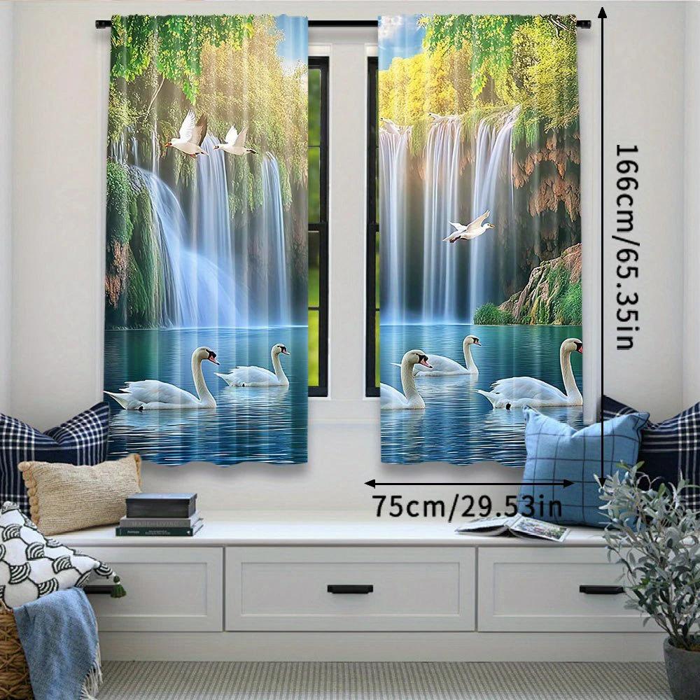 2pcs- Autumn natural forest landscape printed curtains, pole bag curtains, home decoration, room decoration