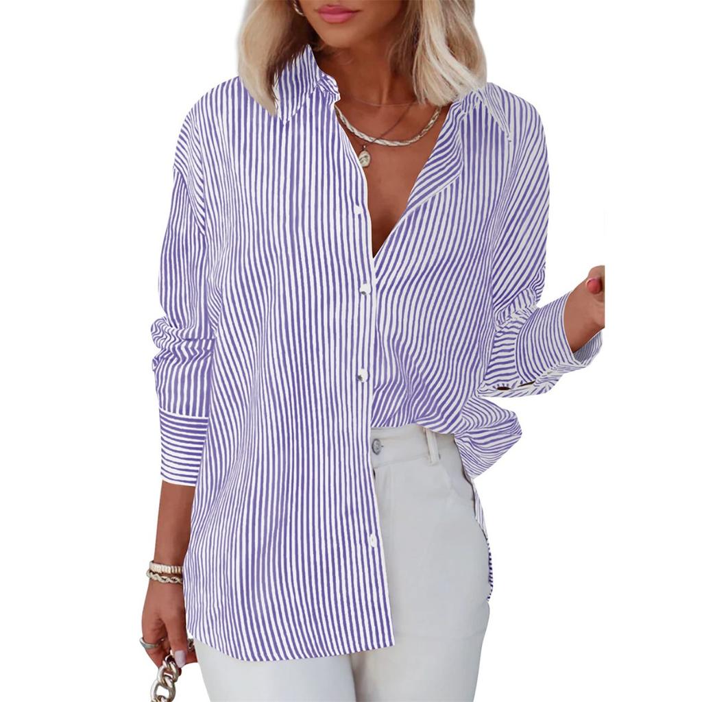 Women's Striped Button Down Shirt Long Sleeve Casual Loose Fit Office Blouse For Women