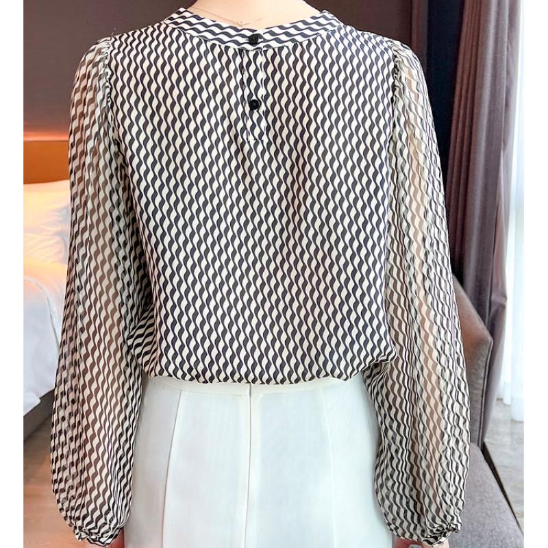 Fashion Women Tops Spring Summer Top Stylish Women's Chiffon Blouse Chic Casual Long Sleeve Vintage Stripe Shirt