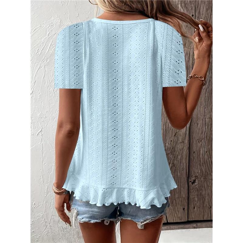 Women's Casual Hollow Out Ruffle Hem T-Shirt - Short Sleeve Round Neck Solid Color Top