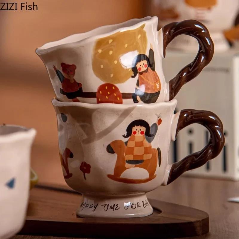 Cute Fairy Tale Painted Ceramic Mug Cup&saucer Dining Table Coffee Cup Milk Tea Mugs Afternoon Tea Teacup Fruit Juice Container