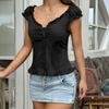 Summer Short Sleeved Rufffled Women Vest Sweet Slim Fit Blouse Solid Color Simple Pleated V Neck Shirts Fashion Elegant Women's Clothing