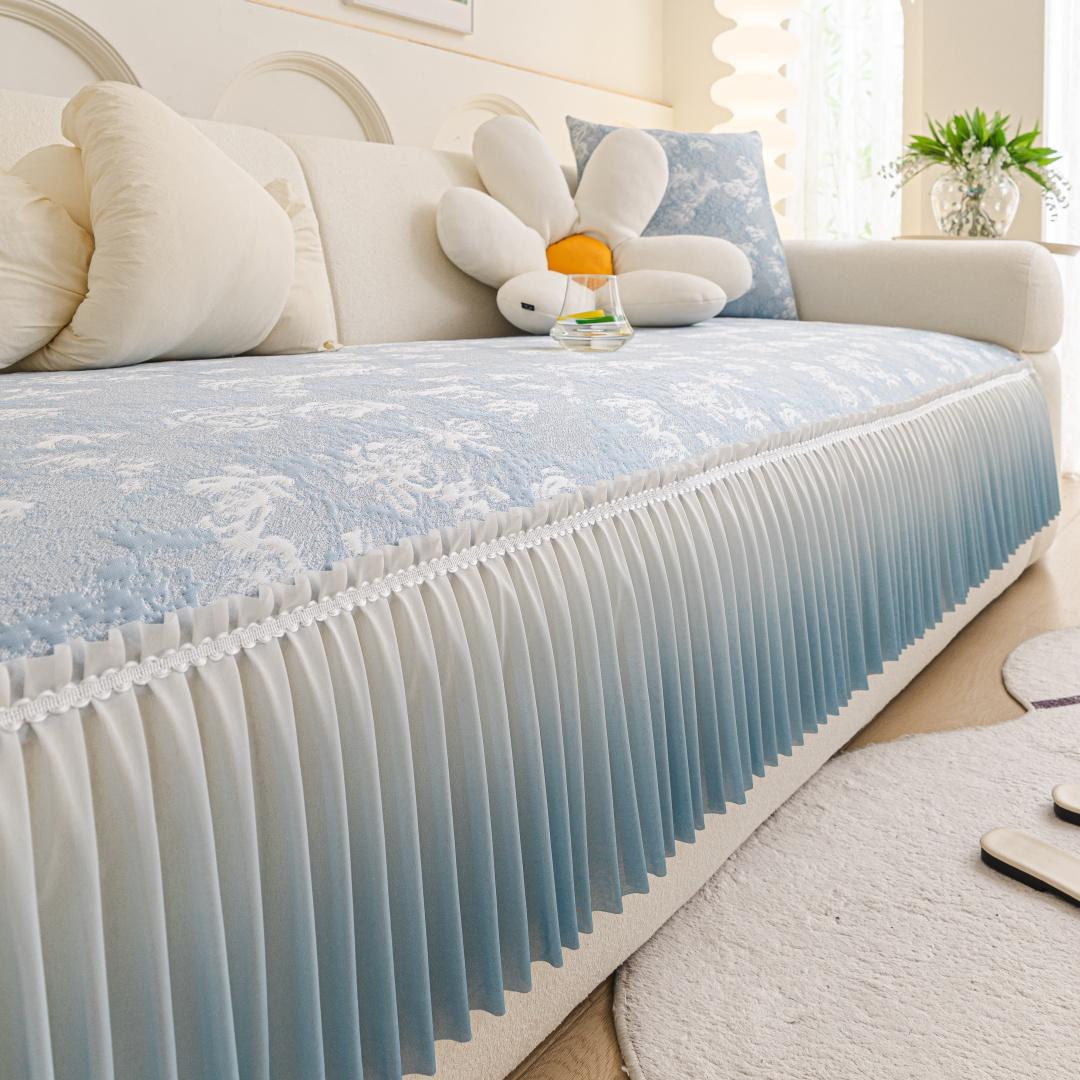 

Летний ледяной шелк, очень длинный, градиентный, кружевной подол, жаккард Сад Моне , нескользящий чехол-накидка на диван, цветочный роскошный декор, чехол на диван 85x60cm светло-синий