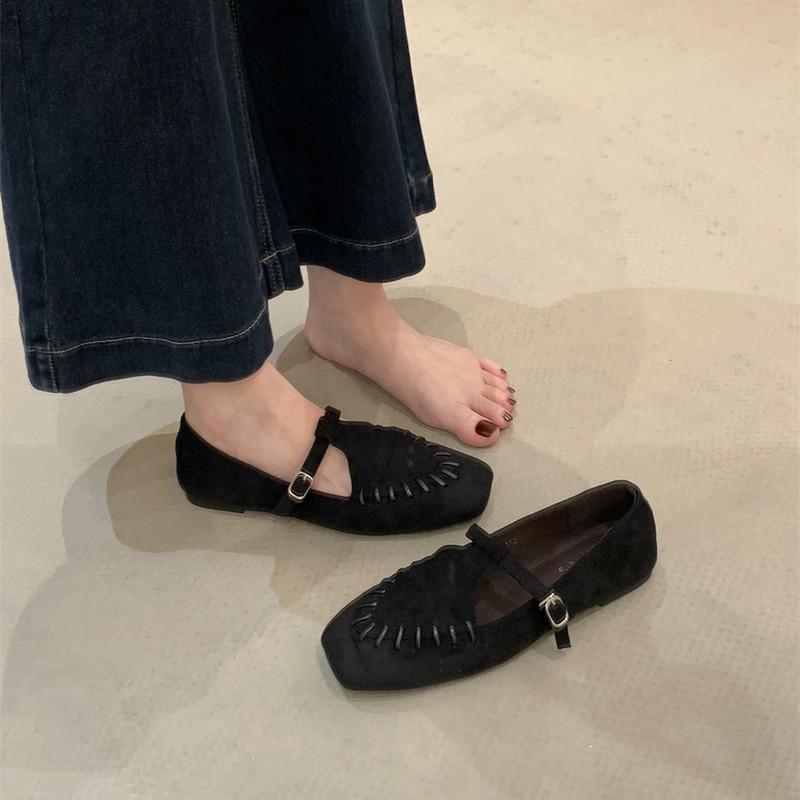 Suede Mary Jane Shoes Women's 2025 Autumn Soft-soled T-shaped with Shallow Mouth Flat-soled Single Shoes One-button Retro Small Leather Shoes