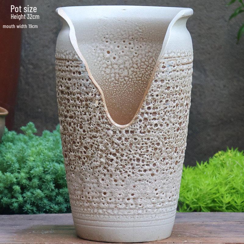 Handmade Coarse Pottery Wide-Mouth Flower Pot - Ceramic Zisha Succulent Planter with Rustic Cut-Edge Design for Chlorophytum