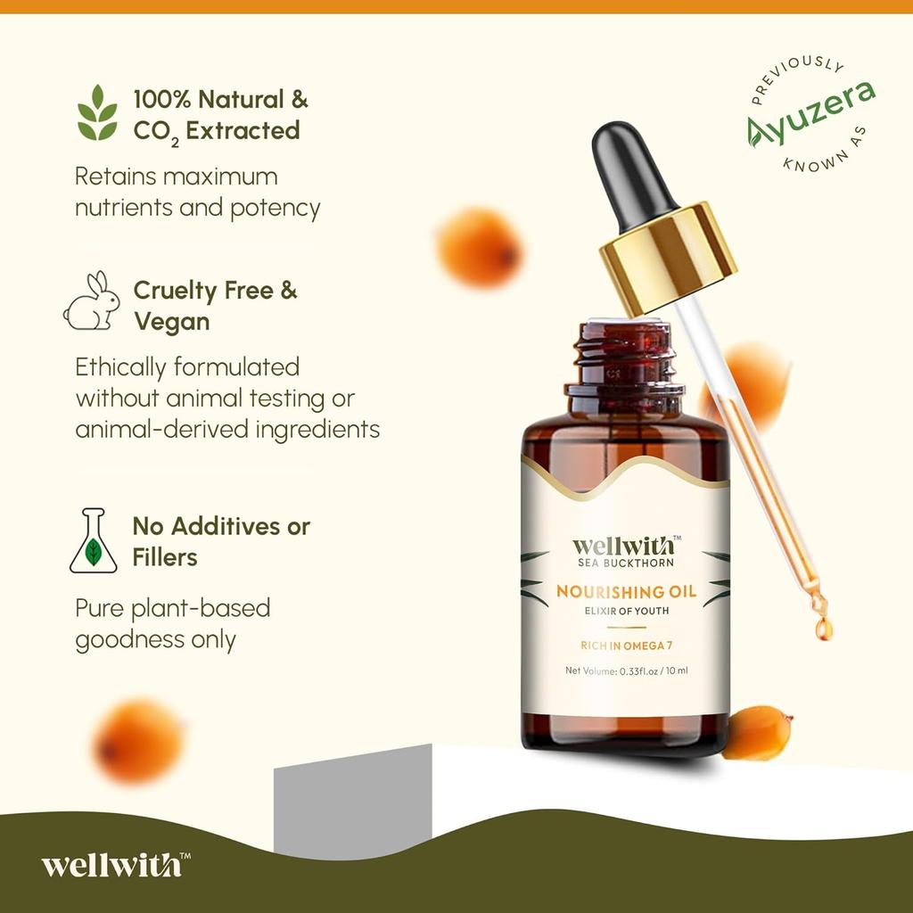 Wellwith (Ayuzera) Sea Buckthorn Berry Oil 10ml Face Hair Serum Nourishing Anti-Aging Omega 3 6 7 9 For Glowing Radiant Skin