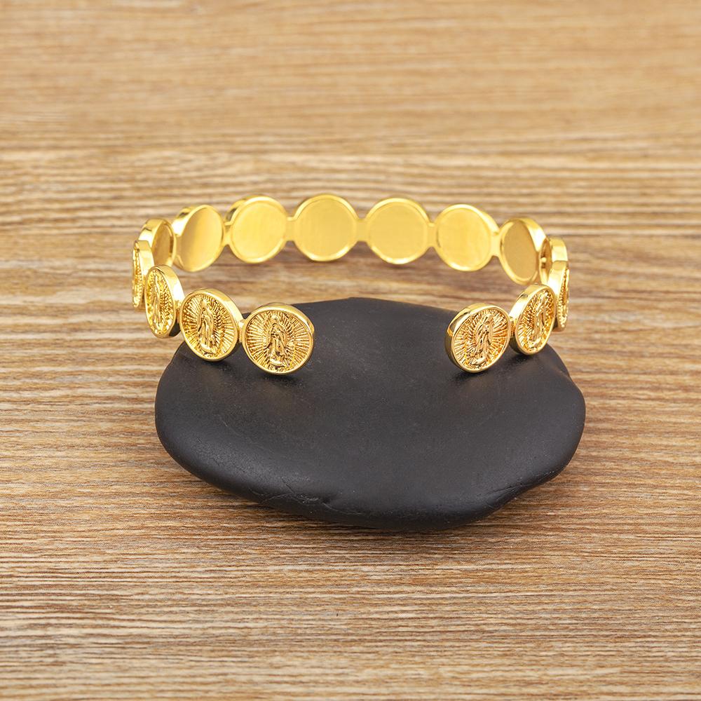Nidin Classic Jesus Christ Round Medal Bangle Gold Plated Virgin Mary Cuff Bracelet For Women Men Adjustable Jewelry Party Gift