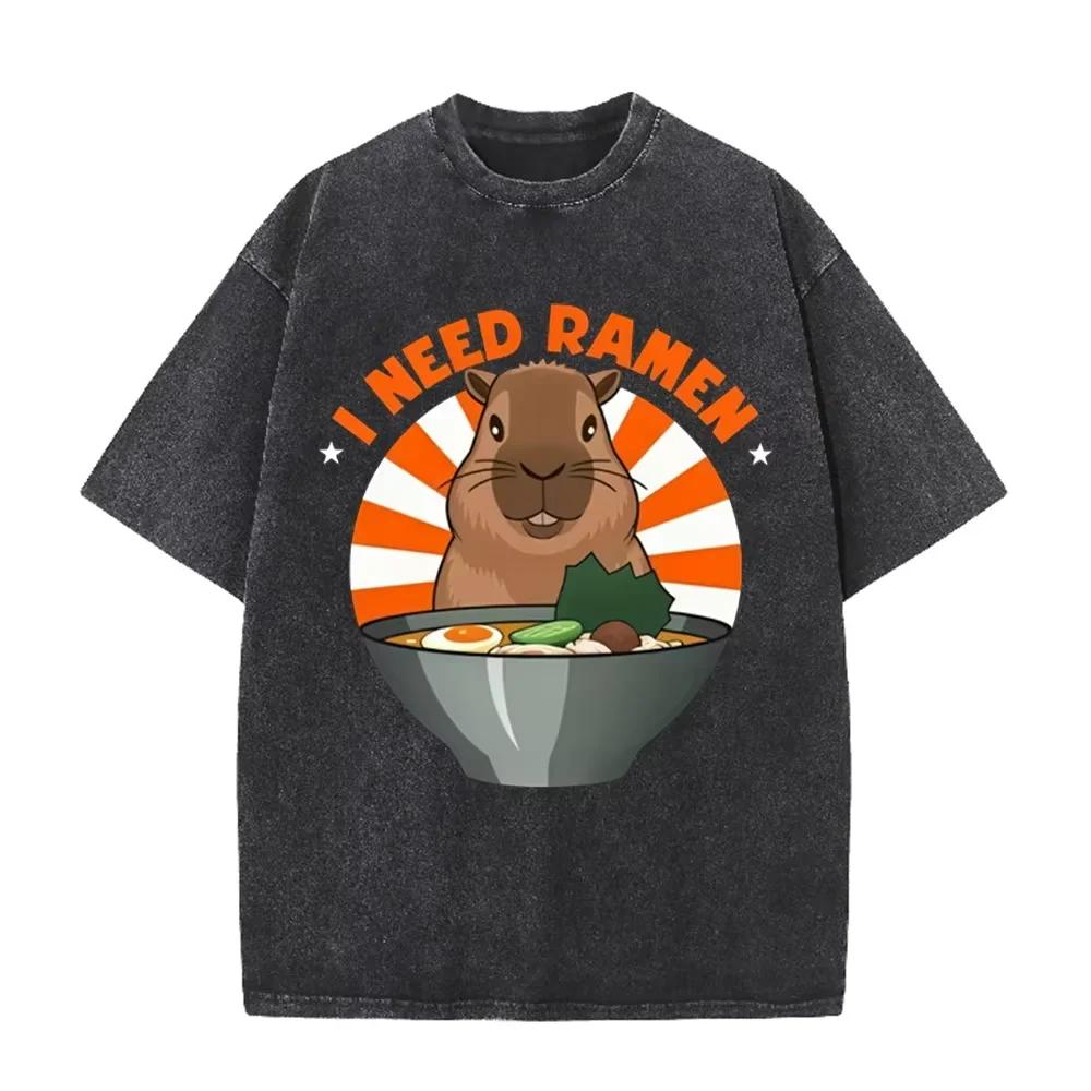 Black Acid Wash Kawaii Capybara With Ramen Bowl Vintage Funny Meme Tee S