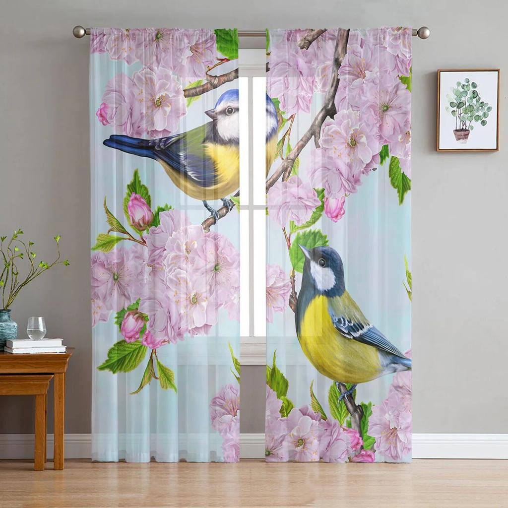 Birdie Leaves Plant Animal Modern Tulle Curtains For Living Room Bedroom Home Kitchen Window Sheer Curtains