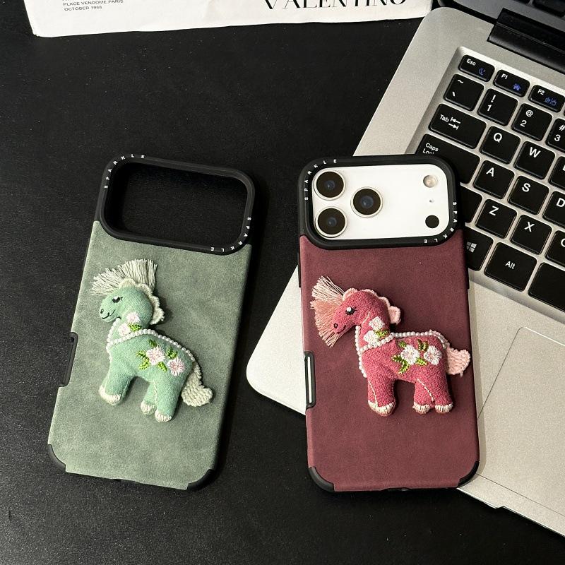 3D Cartoon Embroidered Horse Phone Case for Apple 17 Pro/16 with Silk Screen Large Hole Design