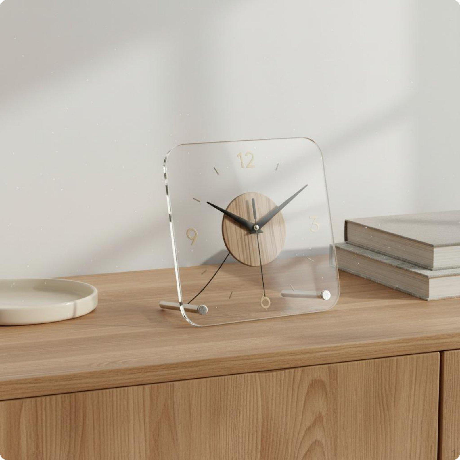 Square Tabletop Clock Clear Wooden Front and Metal Walnut Tone Home Decor for Shelf, Bedside