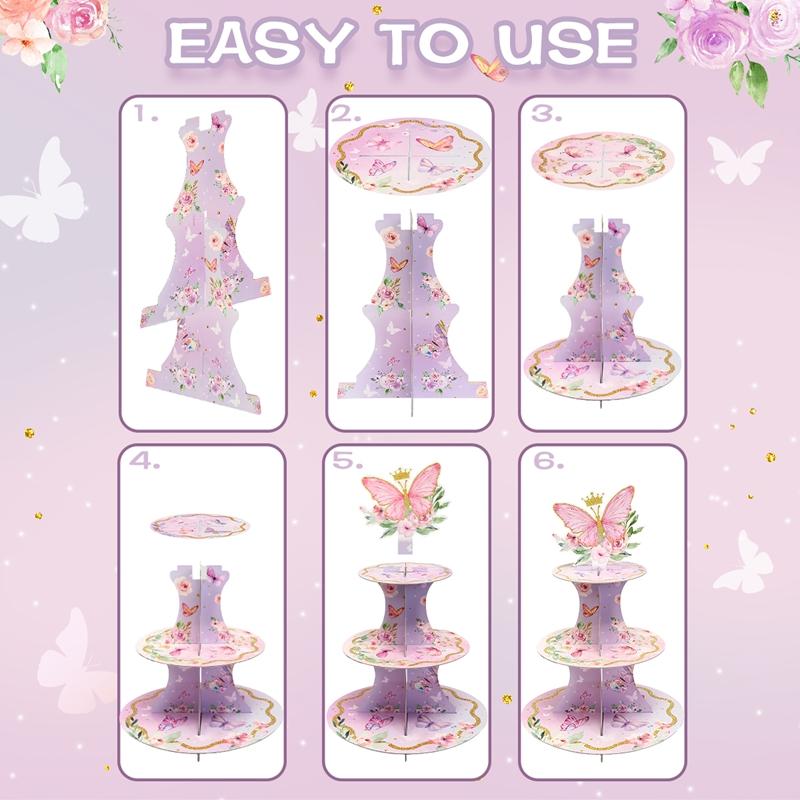 1 Set 3 Tiers Butterfly Cupcake Cake Stand Wedding Birthday Party Decorations, Cardboard Cupcake Holder Cupcake Tower for Party