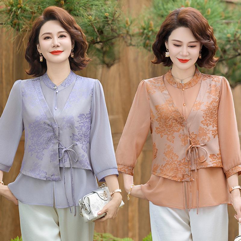 2026 Floral Summer Set for Middle-aged Women: Chinese Style Shirt Blouse