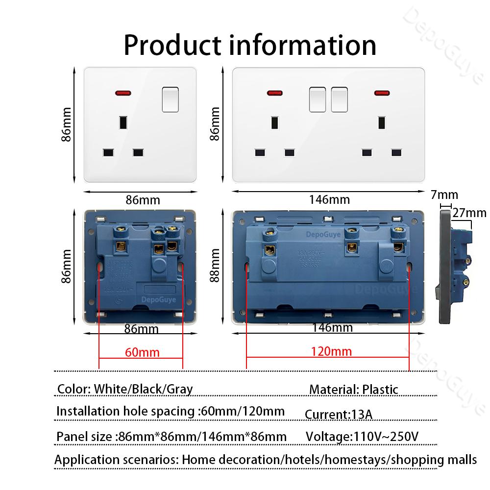 White UK Standard 13A USB Wall Socket Panel,Universal 18W Type-c Quick Charge Socket Plug,Wall Light Switch Electrical outlet