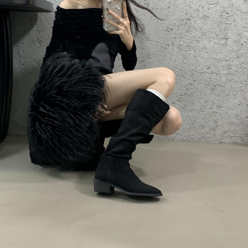 2025 new autumn and winter long tube stacking boots thick heel square head medium tube thin knight boots