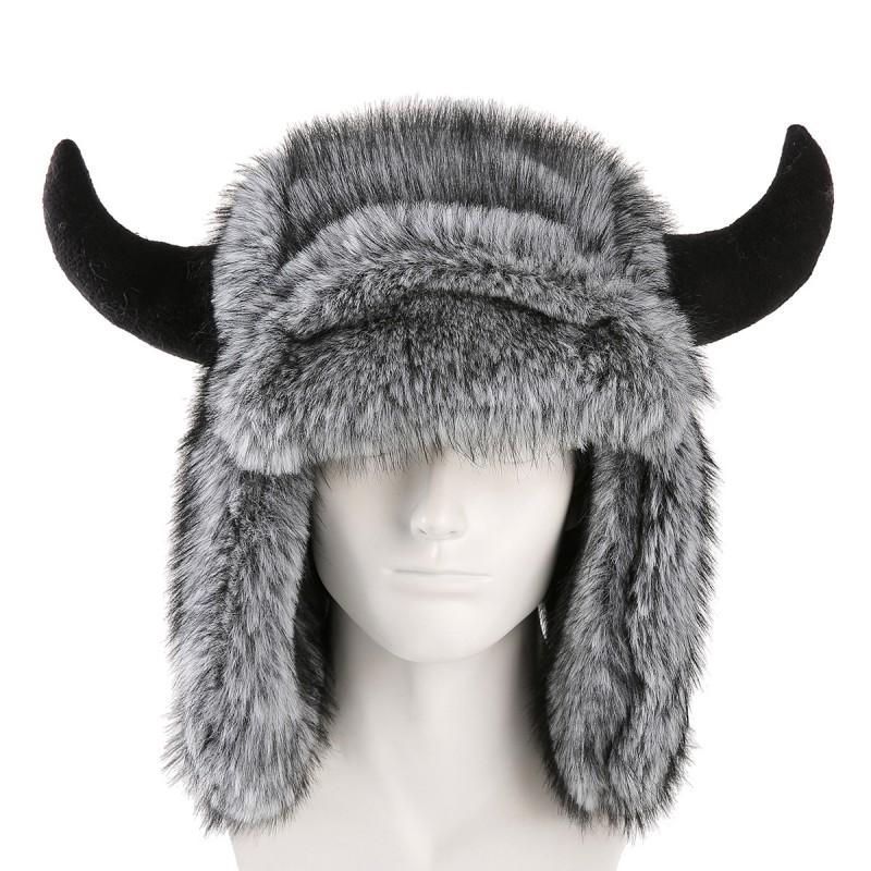 Thick Fleece Winter Hat With Horn Ears Unisex Warm Beanie Cold Weather Outdoor Party Streetwear