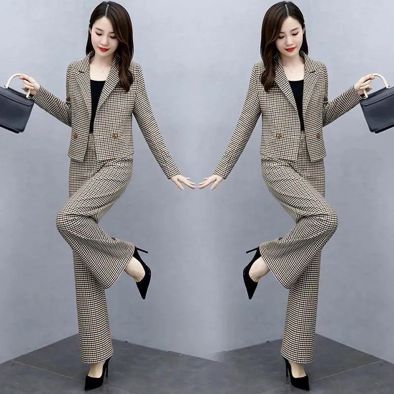Elegante Traje de 2 piezas a cuadros con pantalones acampanados para mujer, Ropa de mujer de moda de estilo coreano para primavera otoño