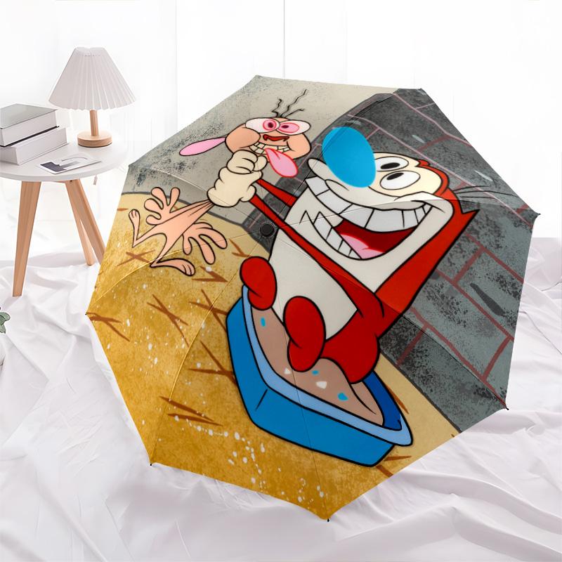 Ren and Stimpy pattern, automatic folding umbrella, portable and foldable design, 8 ribs, a Christmas or birthday gift.