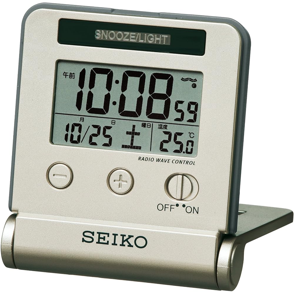 Seiko Clock Traveler Radio-Controlled Digital Alarm Clock with Automatic Illumination, Calendar, and Temperature Display, Light Gold Color, SQ772G SEI