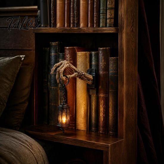 Dark Academia Home Accents Skeleton Hand Lantern Shelf Light, Warm LED Library Nightlight, Gothic Wireless Table Lamp Decorative Mini Bookshelf