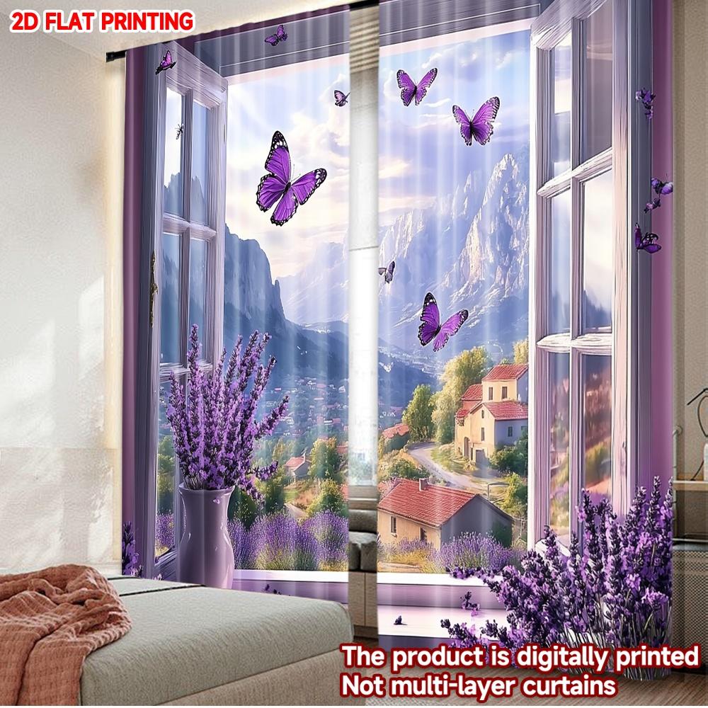 

Purple Butterfly Curtains Digital Printing Pattern Outdoor View Effect Bedroom Living Room Decor Curtain Set Of 2 Elegant Made Polyester Washable Area W100*H70(CM)-Hooks&2PCS