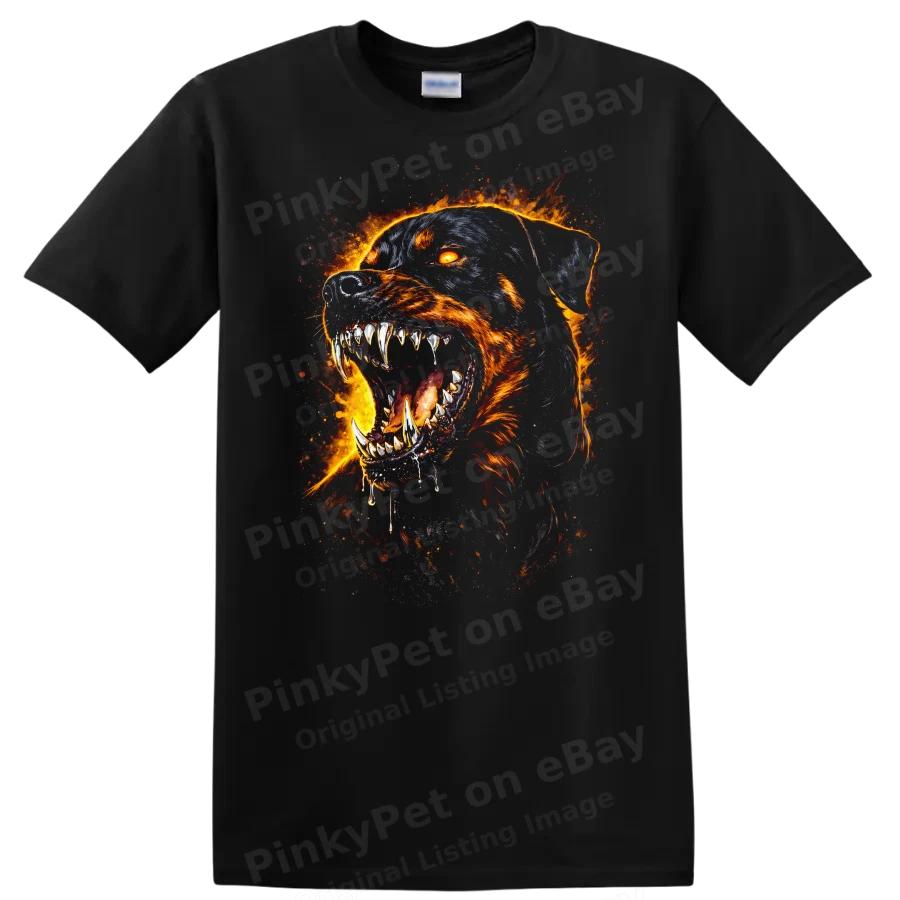 Fierce Rottweiler Fire Graphic T Shirt Cool Animal Lover Tee Design Art